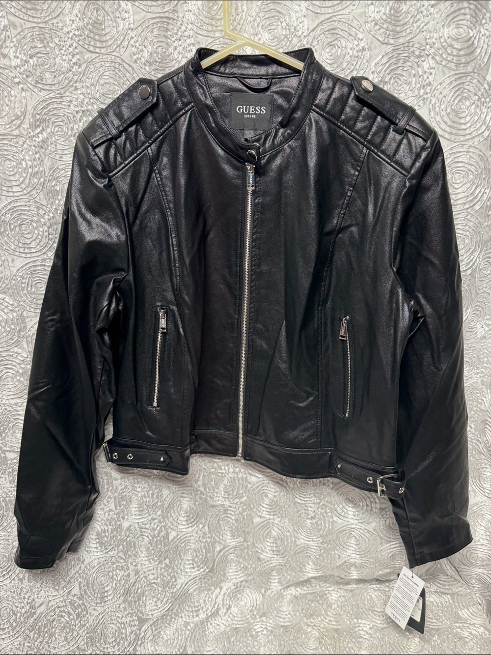 GUESS Black Faux Leather Biker Jacket with Quilted Shoulders (Montecarla)